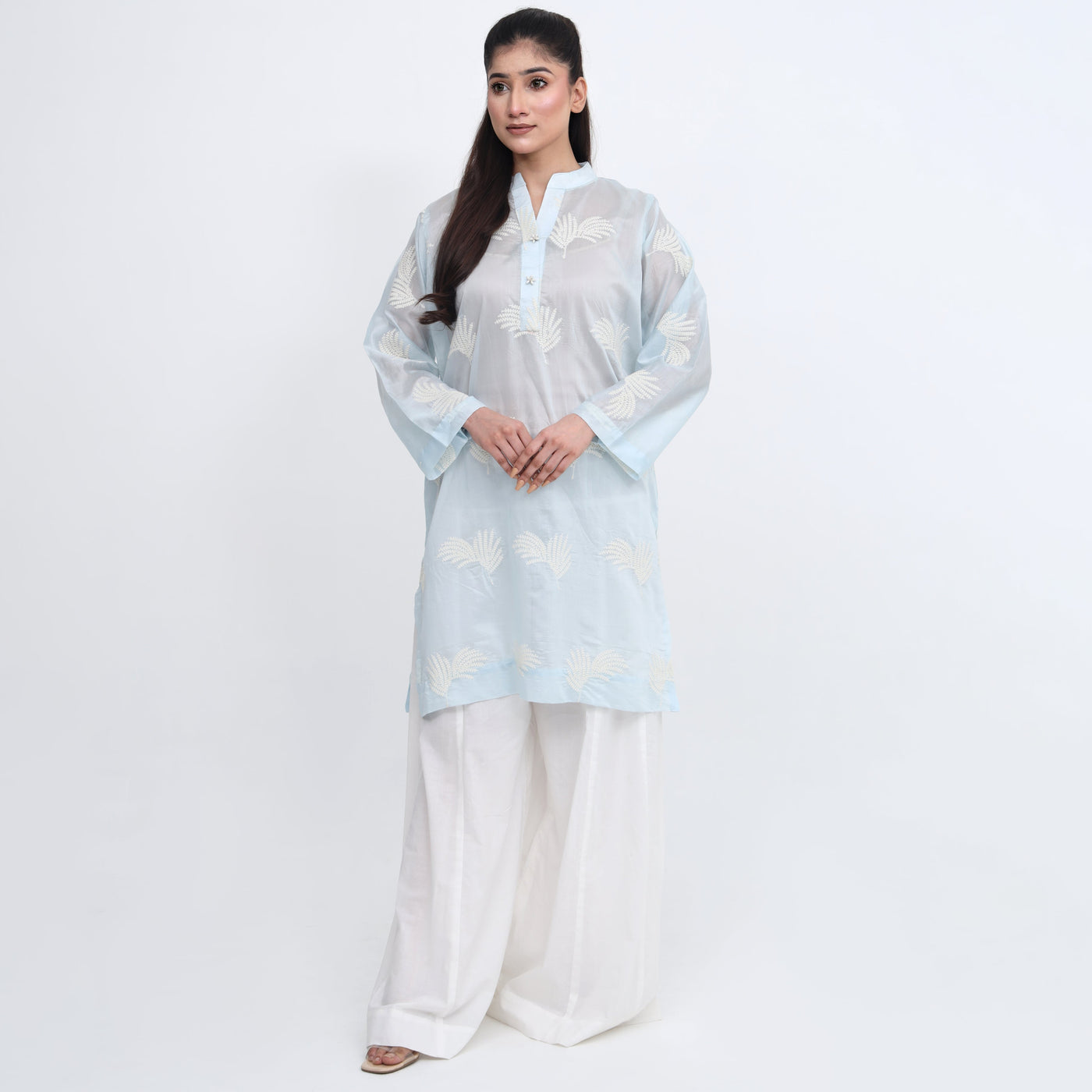 Stitched 2 PC Embroidered Silk Lawn Kurta with Dhaka Pants