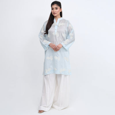 Stitched 2 PC Embroidered Silk Lawn Kurta with Dhaka Pants