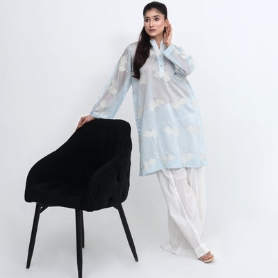 Stitched 2 PC Embroidered Silk Lawn Kurta with Dhaka Pants