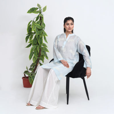 Stitched 2 PC Embroidered Silk Lawn Kurta with Dhaka Pants
