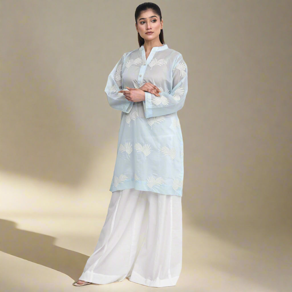 Stitched 2 PC Embroidered Silk Lawn Kurta with Dhaka Pants