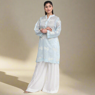 Stitched 2 PC Embroidered Silk Lawn Kurta with Dhaka Pants