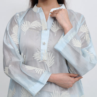 Stitched 2 PC Embroidered Silk Lawn Kurta with Dhaka Pants