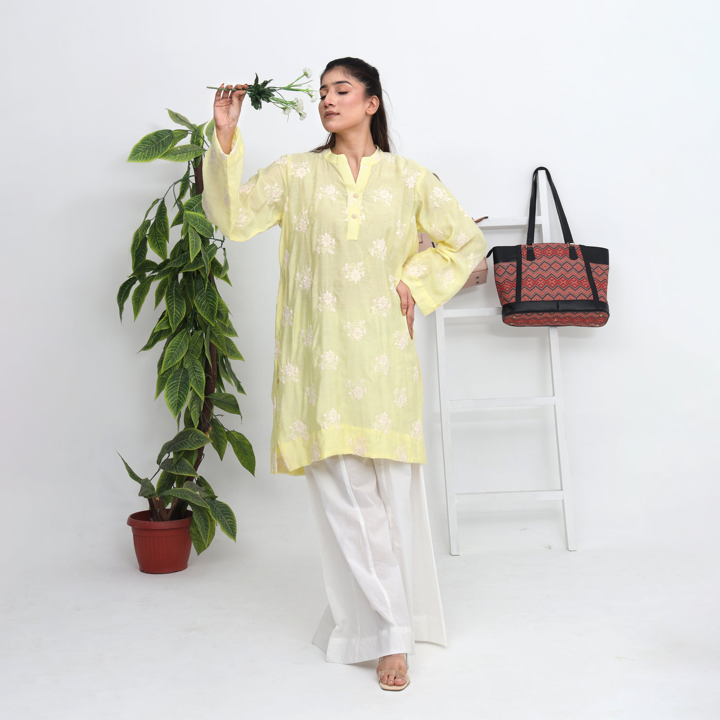 Stitched 2 PC Floral Silk Lawn Kurta with Dhaka Pants