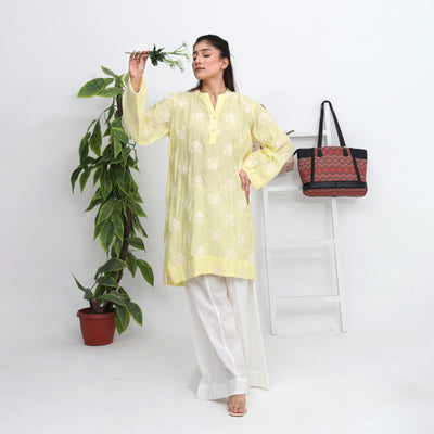 Stitched 2 PC Floral Silk Lawn Kurta with Dhaka Pants
