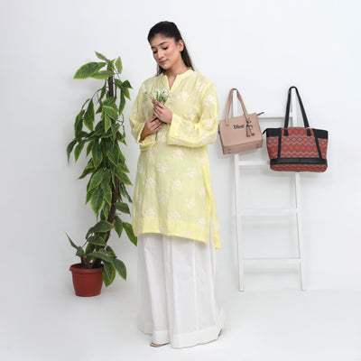Stitched 2 PC Floral Silk Lawn Kurta with Dhaka Pants