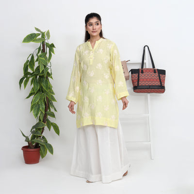 Stitched 2 PC Floral Silk Lawn Kurta with Dhaka Pants