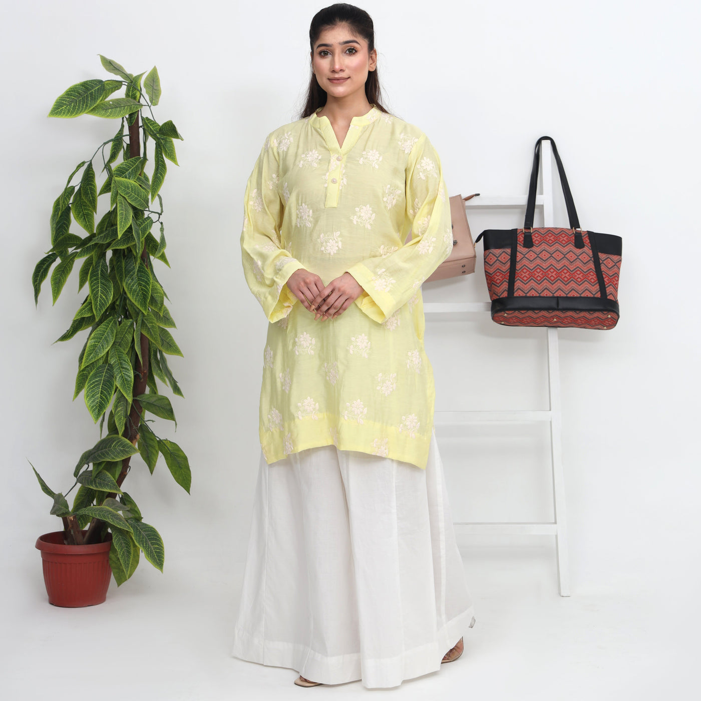 Stitched 2 PC Floral Silk Lawn Kurta with Dhaka Pants