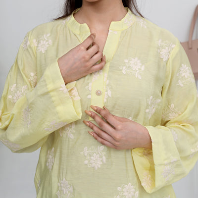 Stitched 2 PC Floral Silk Lawn Kurta with Dhaka Pants